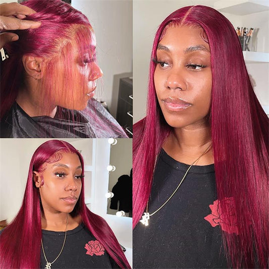 Alibonnie 99J Burgundy Lace Front Wigs Silk Straight 13x6 Frontal Lace Wigs Pre Plucked - Alibonnie