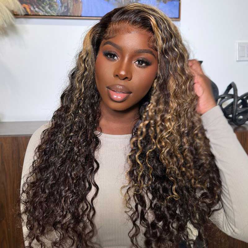 Alibonnie Balayage Highlight 13x4 Lace Water Wave Wigs Transparent Lace Front Wigs Pre Plucked Hairline 180% Density - Alibonnie