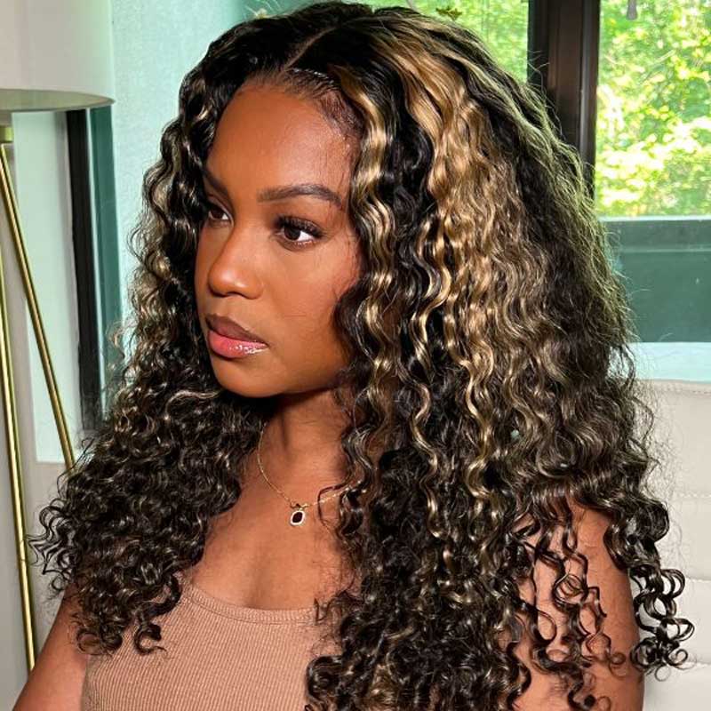 Alibonnie Balayage Highlight 13x4 Lace Water Wave Wigs Transparent Lace Front Wigs Pre Plucked Hairline 180% Density - Alibonnie