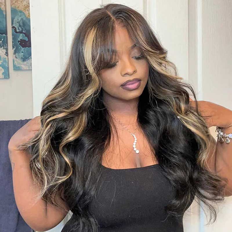 Alibonnie Balayage Highlight Colored Curtain Bangs 13x4 Transparent Lace Body Wave Wigs Pre Plucked Human Hair Wigs - Alibonnie