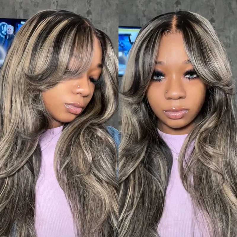 Alibonnie Balayage Highlight Colored Curtain Bangs 13x4 Transparent Lace Body Wave Wigs Pre Plucked Human Hair Wigs - Alibonnie