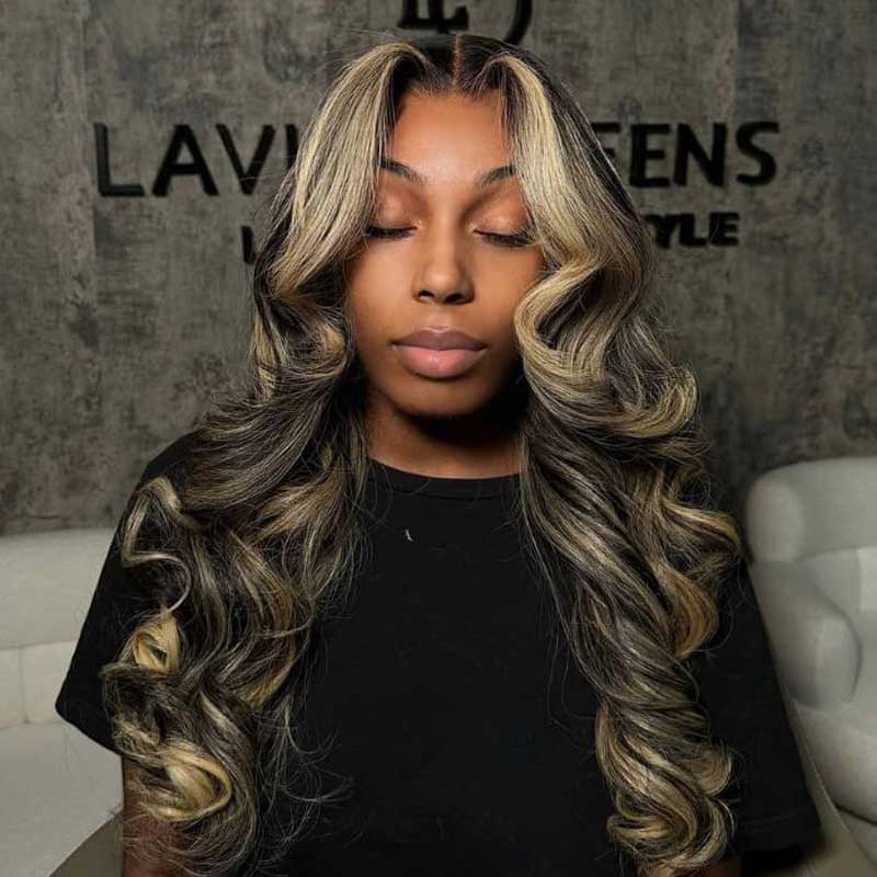 Alibonnie Balayage Highlight Colored Curtain Bangs 13x4 Transparent Lace Body Wave Wigs Pre Plucked Human Hair Wigs - Alibonnie