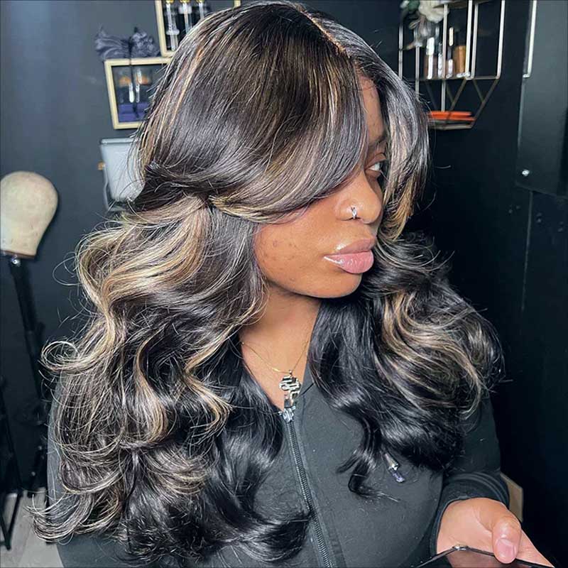 Alibonnie Balayage Highlight Colored Curtain Bangs 13x4 Transparent Lace Body Wave Wigs Pre Plucked Human Hair Wigs - Alibonnie