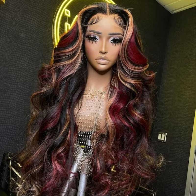 Alibonnie Black Hair With Red & Blonde Highlights Wigs Body Wave 13x4 Transparent Lace Front Wigs - Alibonnie
