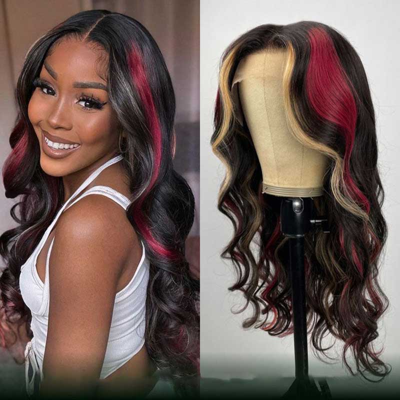 Alibonnie Black Hair With Red & Blonde Highlights Wigs Body Wave 13x4 Transparent Lace Front Wigs - Alibonnie