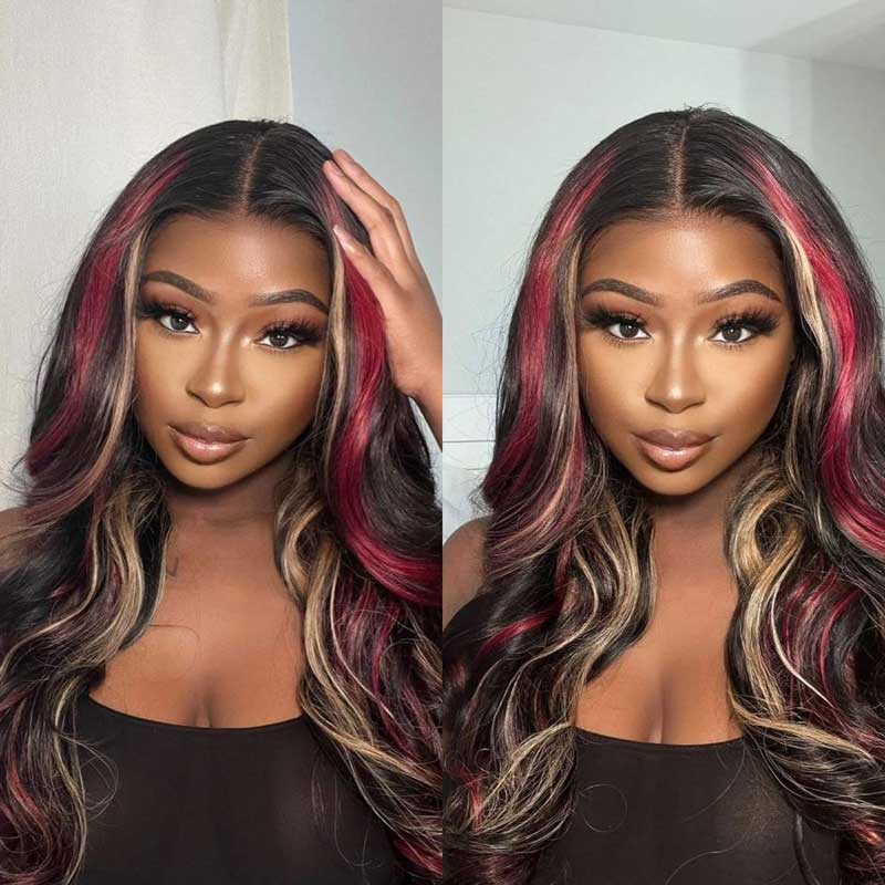 Alibonnie Black Hair With Red & Blonde Highlights Wigs Body Wave 13x4 Transparent Lace Front Wigs - Alibonnie