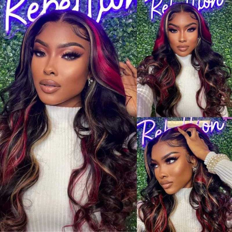 Alibonnie Black Hair With Red & Blonde Highlights Wigs Body Wave 13x4 Transparent Lace Front Wigs - Alibonnie