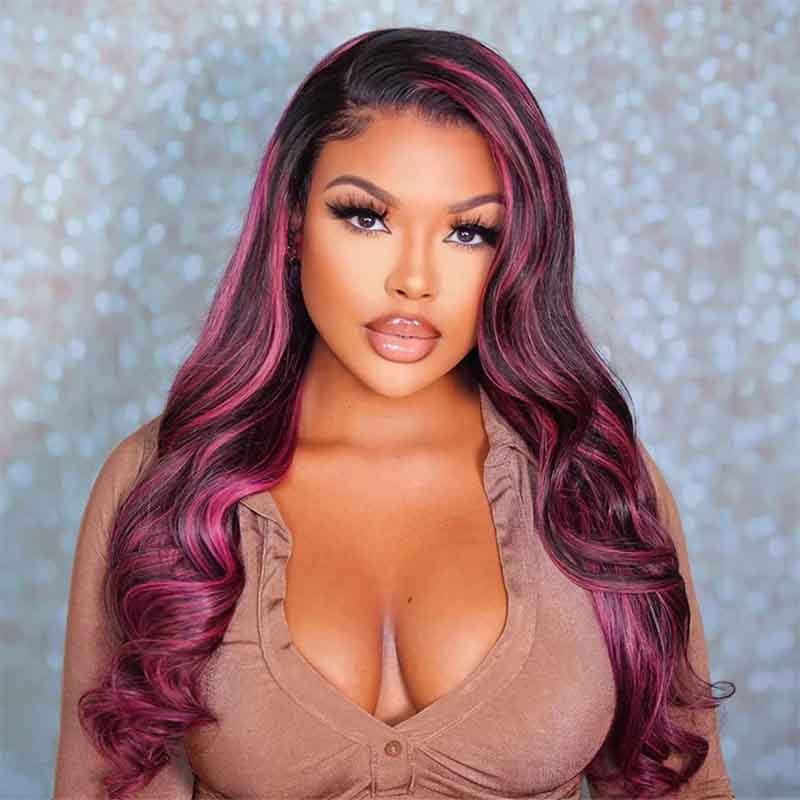 Alibonnie Black Hair With Red Purple Highlights Straight And Body Wave 13×4 Transparent Lace Wigs 180% Density - Alibonnie