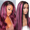 Alibonnie Black Hair With Red Purple Highlights Straight And Body Wave 13×4 Transparent Lace Wigs 180% Density - Alibonnie