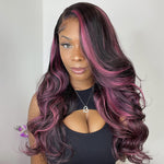 Alibonnie Black Hair With Red Purple Highlights Straight $ Body Wave 13×4 Transparent Lace Wigs 180% Density - Alibonnie