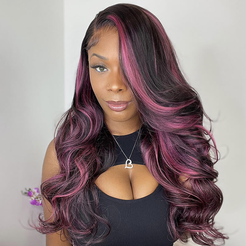 Alibonnie Black Hair With Red Purple Highlights Straight $ Body Wave 13×4 Transparent Lace Wigs 180% Density - Alibonnie