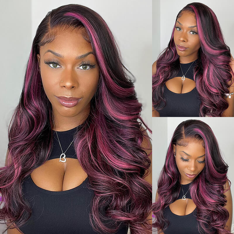 Alibonnie Black Hair With Red Purple Highlights Straight $ Body Wave 13×4 Transparent Lace Wigs 180% Density - Alibonnie