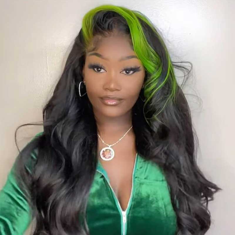 Alibonnie Black With Green Color Skunk Stripe Body Wave Wigs 13x4 Highlights Lace Front Human Hair Wigs 200% Density - Alibonnie