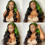 Alibonnie Black With Green Color Skunk Stripe Body Wave Wigs 13x4 Highlights Lace Front Human Hair Wigs 200% Density - Alibonnie