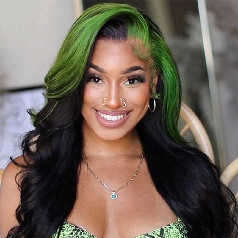 Alibonnie Black With Green Color Skunk Stripe Body Wave Wigs 13x4 Highlights Lace Front Human Hair Wigs 200% Density - Alibonnie