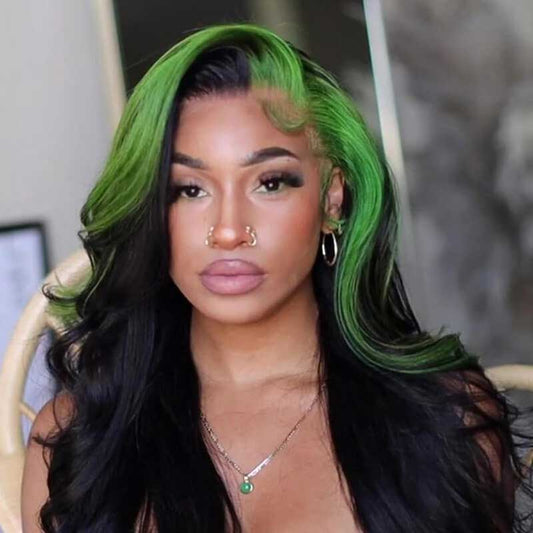 Alibonnie Black With Green Color Skunk Stripe Body Wave Wigs 13x4 Highlights Lace Front Human Hair Wigs 200% Density - Alibonnie