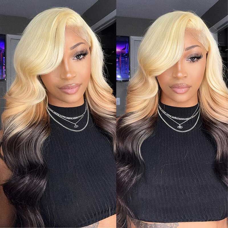 Alibonnie Blonde Ombre 13x4 Lace Front Wigs Body Wave Human Hair 613 Blonde Brown Color Wigs - Alibonnie