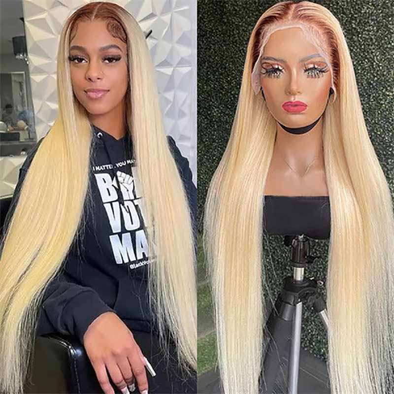 Alibonnie Blonde Straight 13x4 Lace Front Wigs Ombre T4/613 Color Wigs With Dark Roots - Alibonnie