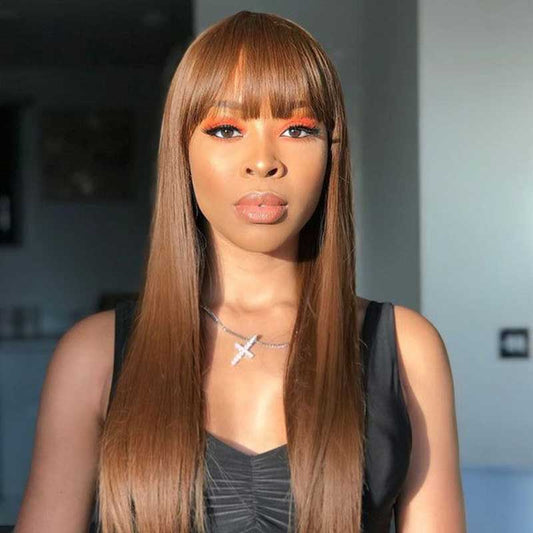 Alibonnie Brown 13x4 Transparent Lace Straight Wig With Bangs Straight Hair Wigs With Bangs For Women 180% Density - Alibonnie