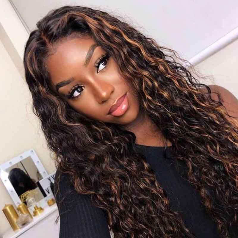 Alibonnie Brown Black Color 360 Lace Water Wave Wigs 1B/30 Highlight Transparent Wigs Human Hair Colored Wigs - Alibonnie