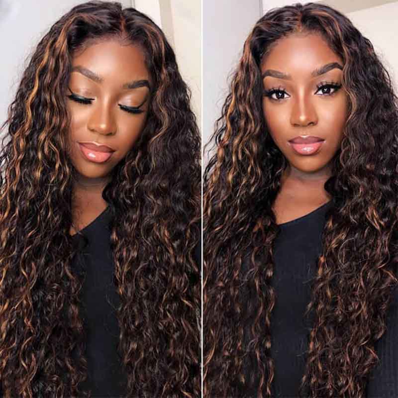 Alibonnie Brown Black Color 360 Lace Water Wave Wigs 1B/30 Highlight Transparent Wigs Human Hair Colored Wigs - Alibonnie