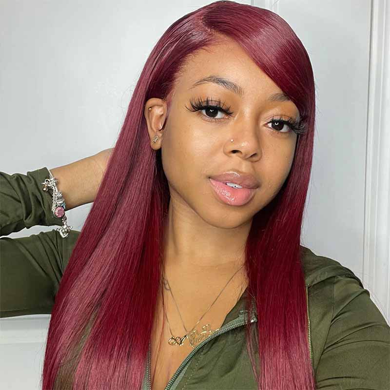 Alibonnie Burgundy 99J Color 360 Lace Straight Wigs Human Hair Wigs With Pre Plucked Hairline - Alibonnie