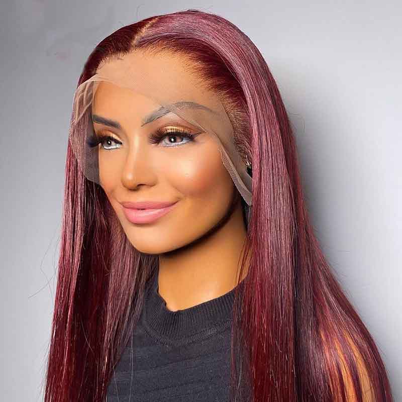 Alibonnie Burgundy 99J Color 360 Lace Straight Wigs Human Hair Wigs With Pre Plucked Hairline - Alibonnie