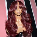 Alibonnie Burgundy 99j Curtain Bangs Body Wave Wig Pre Plucked 13x4 Transparent Lace Frontal Wig - Alibonnie