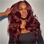 Alibonnie Burgundy 99j Curtain Bangs Body Wave Wig Pre Plucked 13x4 Transparent Lace Frontal Wig - Alibonnie