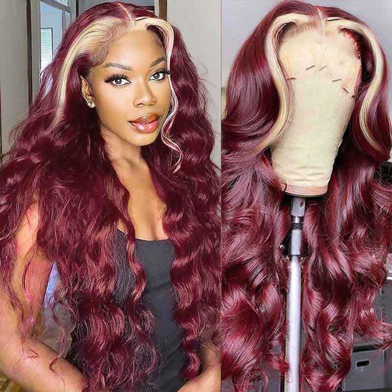 Alibonnie Burgundy 99J With Blonde Skunk Stripe Body Wave Wigs 13x4 Lace Front Hair Wigs 200% Density - Alibonnie