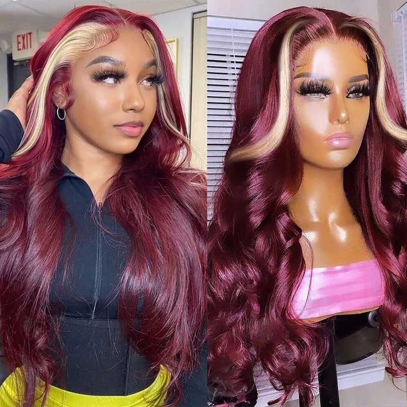 Alibonnie Burgundy 99J With Blonde Skunk Stripe Body Wave Wigs 13x4 Lace Front Hair Wigs 200% Density - Alibonnie