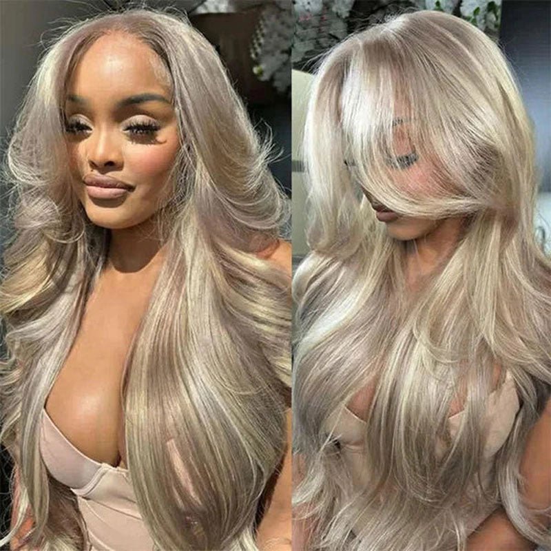 Alibonnie Curtain Bangs Blonde Highlights Wig 13x4 Lace Frontal Body Wave Human Hair Wigs - Alibonnie
