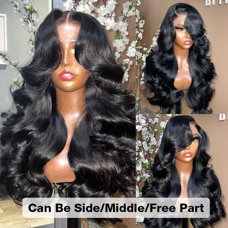 Alibonnie Curtain Bangs Wigs Body Wave 13x4 Transparent Lace Human Hair Wigs With 180% Density - Alibonnie