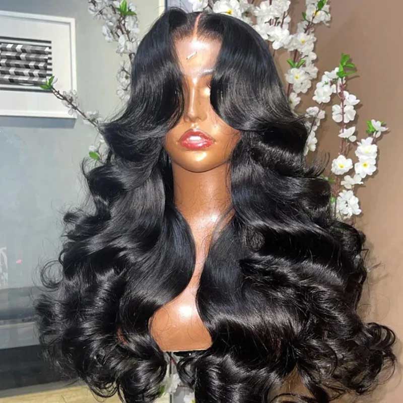 Alibonnie Curtain Bangs Wigs Body Wave 13x4 Transparent Lace Human Hair Wigs With 180% Density - Alibonnie