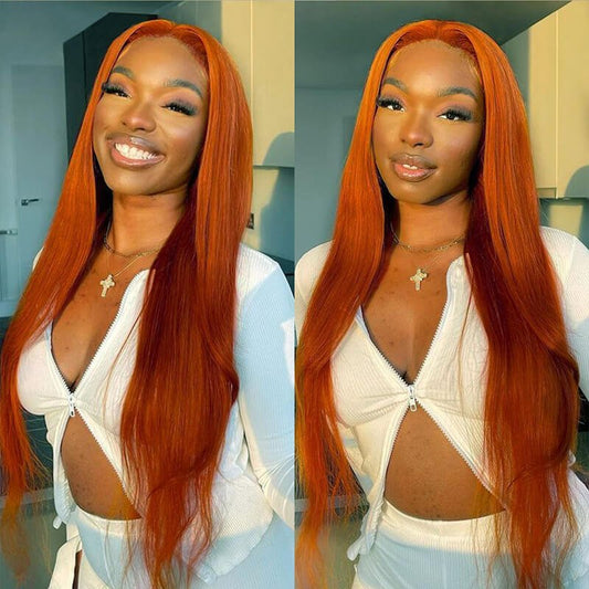 Alibonnie Ginger Orange Color Straight Transparent Lace Front Wig Natural Hairline With Baby Hair 180% Density - Alibonnie