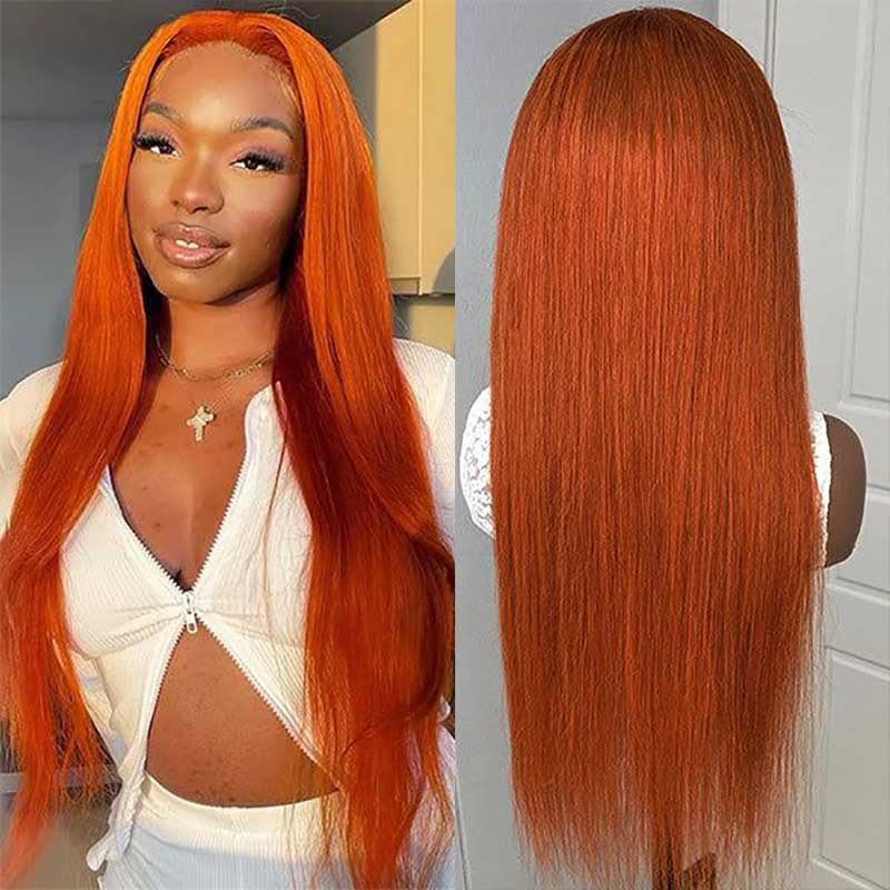 Alibonnie Ginger Orange Straight 360 Transparent Lace Frontal Wig Human Hair Wigs With Pre Plucked - Alibonnie