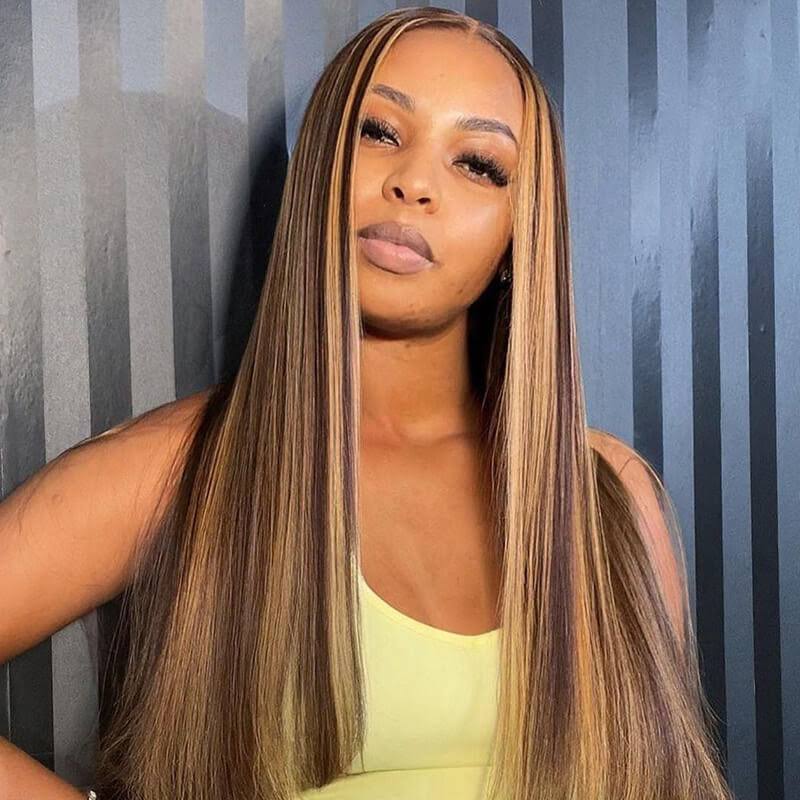 Alibonnie Glueless 5x5 Pre Cut Lace Honey Blonde Highlight Straight Human Hair Beginners Wigs - Alibonnie