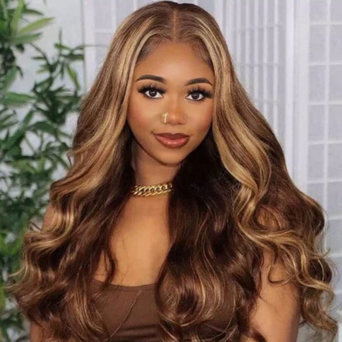 Alibonnie Glueless Pre Cut 4/27 Blonde Highlight 4x6 Transparent Lace Wigs Body Wave Human Hair Wigs Wear And Go - Alibonnie