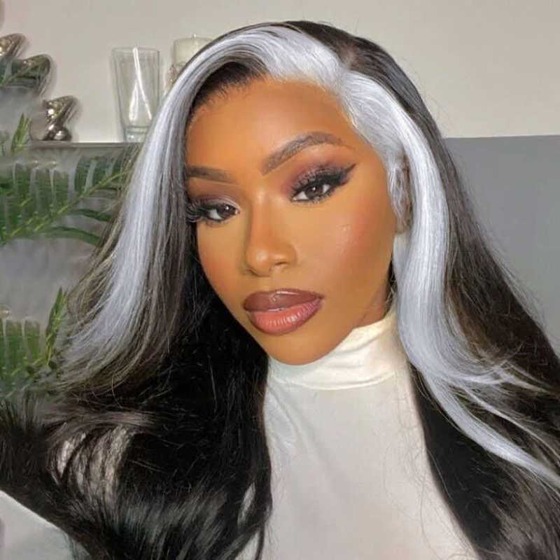 Alibonnie Gray Skunk Stripe Wigs Body Wave Hairstyle 13x4 Transparent Lace Front Wigs - Alibonnie