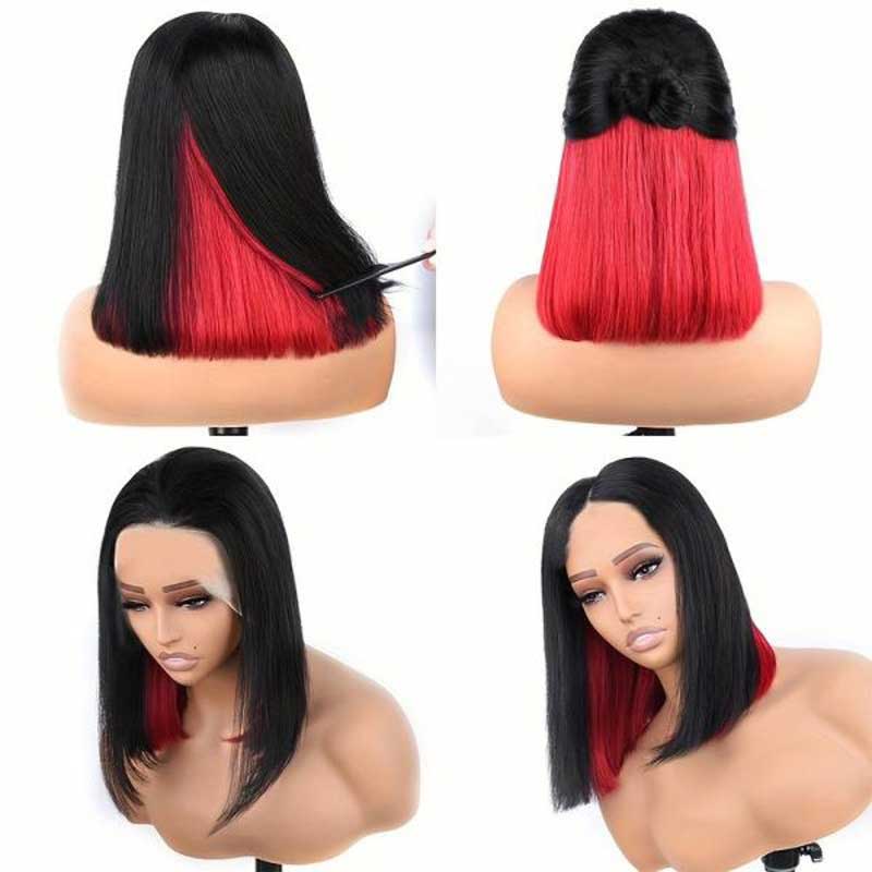 Alibonnie Hidden Color Straight Bob Wigs 4x4 13x4 Lace Wigs With Red/Pink/Blue Peekaboo Highlights - Alibonnie