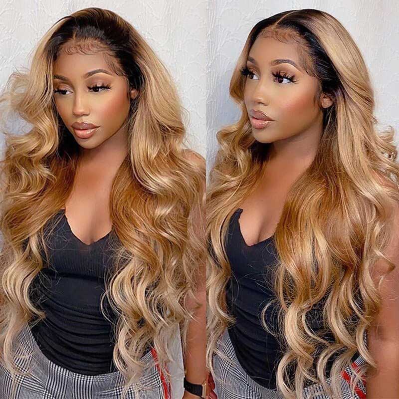 Alibonnie Honey Blonde 1B/27 Ombre Colored Hair Wigs Straight And Body Wave 13×4 Lace Front Wigs New Style 180% Density - Alibonnie