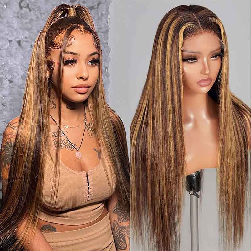 Alibonnie Honey Blonde Highlight Wigs Human Hair Straight 360 Transparent Lace Wigs Pre Plucked - Alibonnie