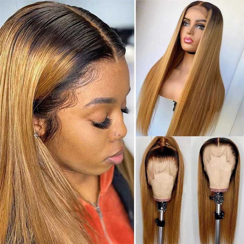 Alibonnie Honey Blonde T1B/27 Full Lace Straight Wigs Ombre Colored Lace Wigs Human Hair 180% Density - Alibonnie
