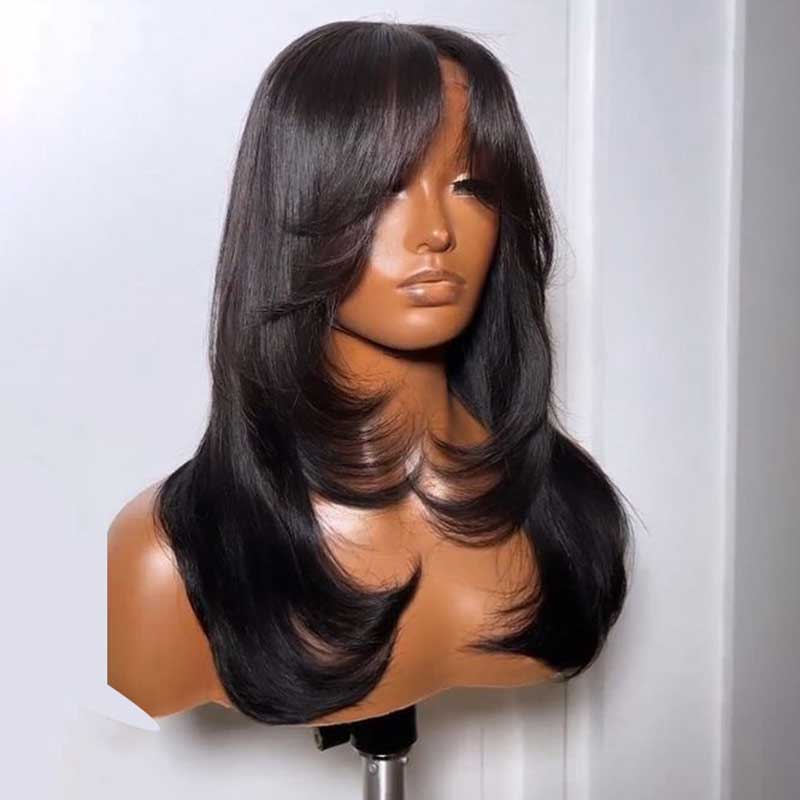 Alibonnie Layered Straight Curtain Bang Wig Ready Go Glueless 13x4 Lace Wig With Pre Bleached& Pre Cut - Alibonnie