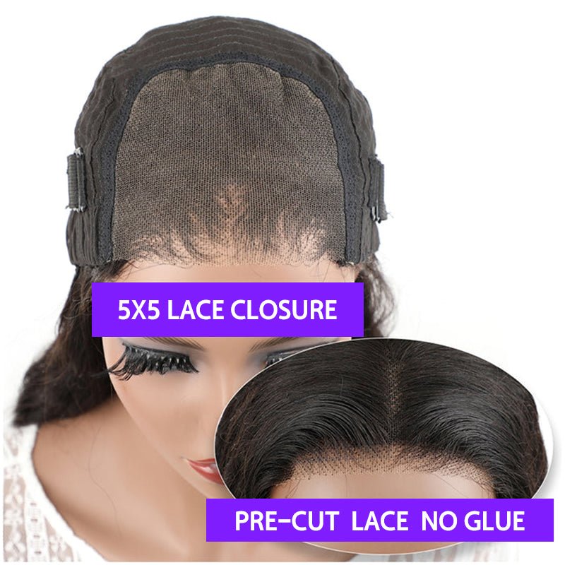 Alibonnie No Glue Wear And Go Kinky Straight 5X5 Pre Cut Lace Closure Wigs 180% Density - Alibonnie