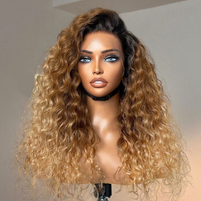 Alibonnie Ombre Honey Blonde 13x4 Transparent Lace Wig Pre Plucked Water Wave Human Hair Wigs 180% Density - Alibonnie