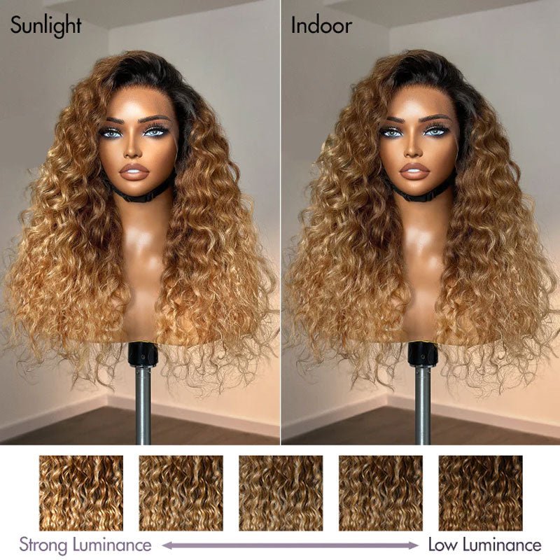 Alibonnie Ombre Honey Blonde 13x4 Transparent Lace Wig Pre Plucked Water Wave Human Hair Wigs 180% Density - Alibonnie