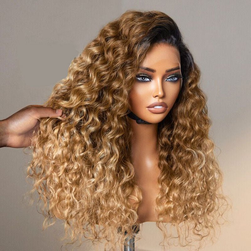 Alibonnie Ombre Honey Blonde 13x4 Transparent Lace Wig Pre Plucked Water Wave Human Hair Wigs 180% Density - Alibonnie