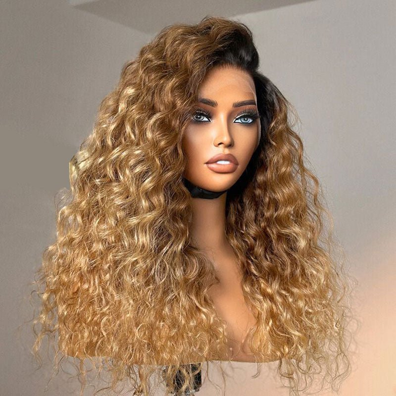 Alibonnie Ombre Honey Blonde 13x4 Transparent Lace Wig Pre Plucked Water Wave Human Hair Wigs 180% Density - Alibonnie