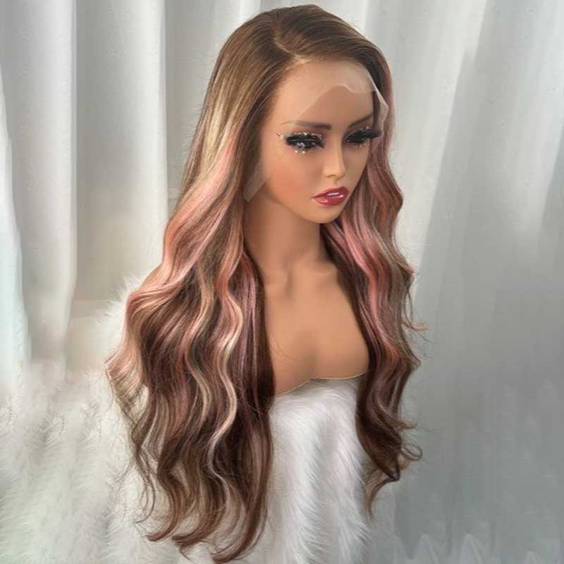Alibonnie Pink And Blonde Highlights In Brown Hair Body Wave Blonde Skunk Stripe 13x4 Lace Wigs - Alibonnie